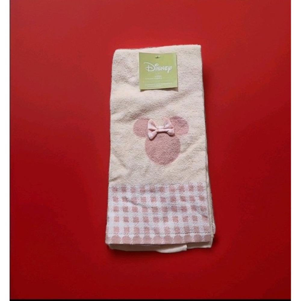 Disney Minnie Mouse Set Of 2 Kitchen Tea Towels Pink Peach White Gingham NWT
